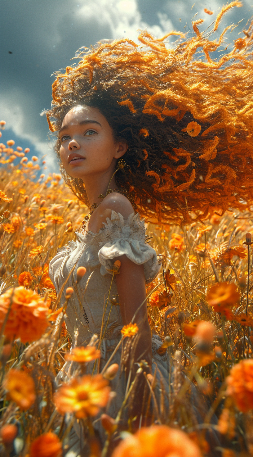 AI generated: Midjourney prompt: a girl with her hair up in the air, in the style o... (Midjourney - Portraits)