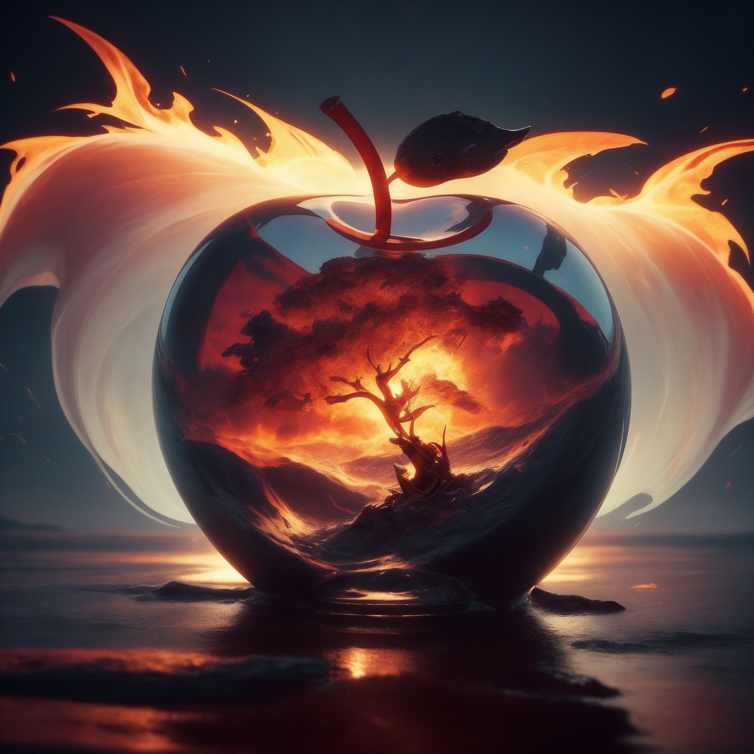 صورة مولدة بالذكاء الاصطناعي: The forbidden fruit (نموذج Midjourney - فن مفاهيمي)