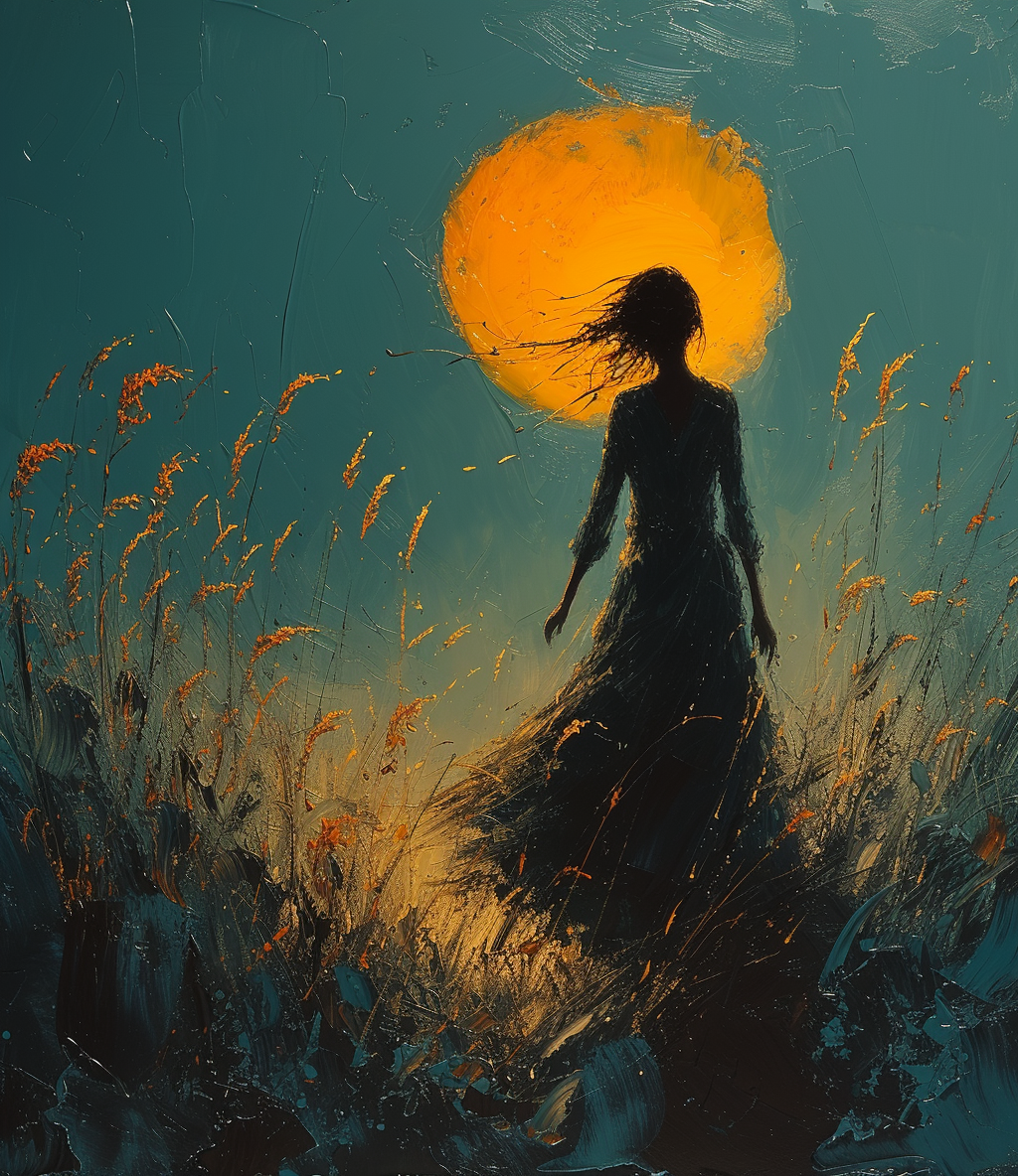 Midjourney prompt: a painting of a girl walking in a field under a fu... - Midjourney