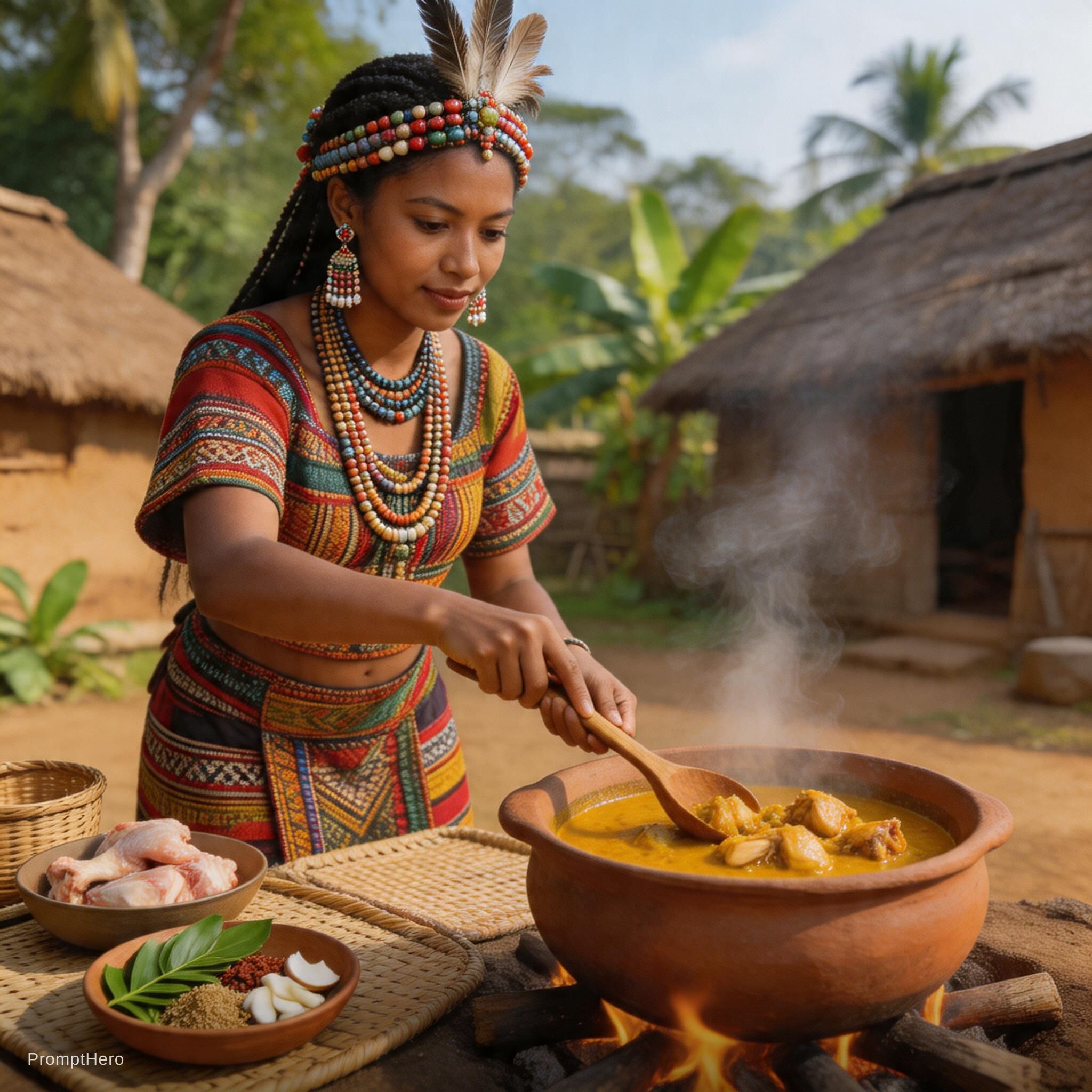 صورة مولدة بالذكاء الاصطناعي: Seedream 5 prompt: Tribal lady making chicken curry (نموذج Seedream 5 - فن مفاهيمي)
