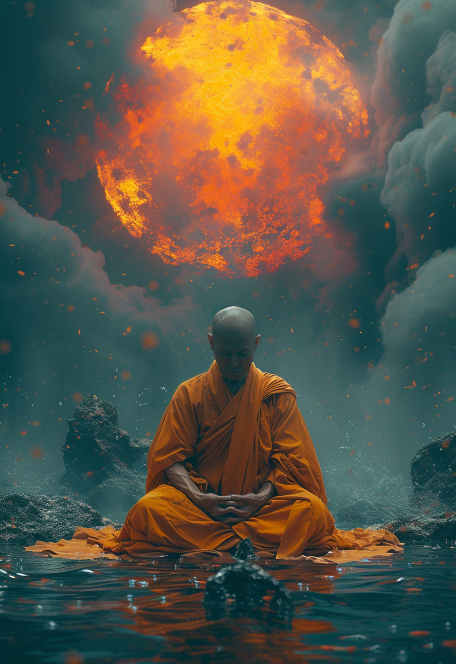 AI generated: Midjourney prompt: a monk in orange sitting by the water, in the styl... (Midjourney - Concept Art)