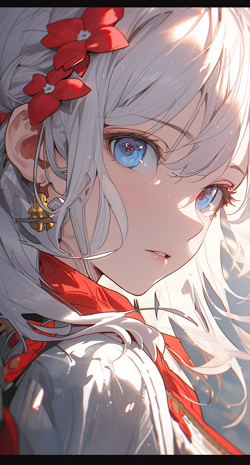AI generated: Midjourney prompt: the heroine has white hair and blue eyes at the to... (Midjourney - Anime)