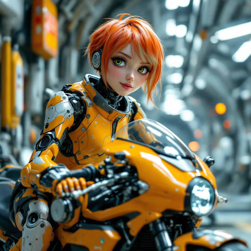 صورة مولدة بالذكاء الاصطناعي: FLUX prompt: 1 cute cyborg lady holding onto futuristic motorcy... (نموذج FLUX - فن مفاهيمي)