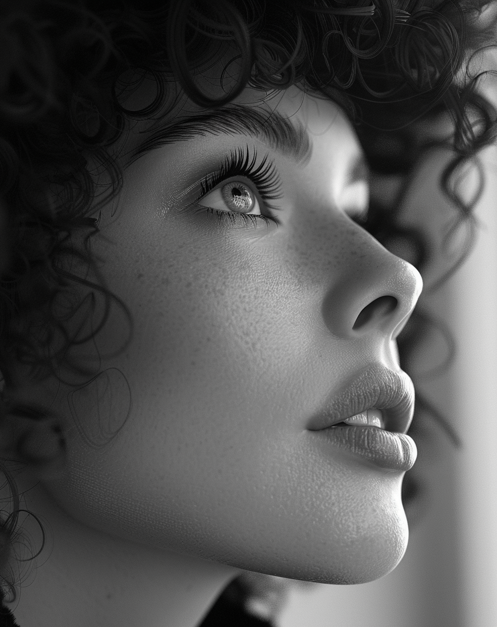 صورة مولدة بالذكاء الاصطناعي: Midjourney prompt: portrait of a woman with curly hair, in the style ... (نموذج Midjourney - صور شخصية)