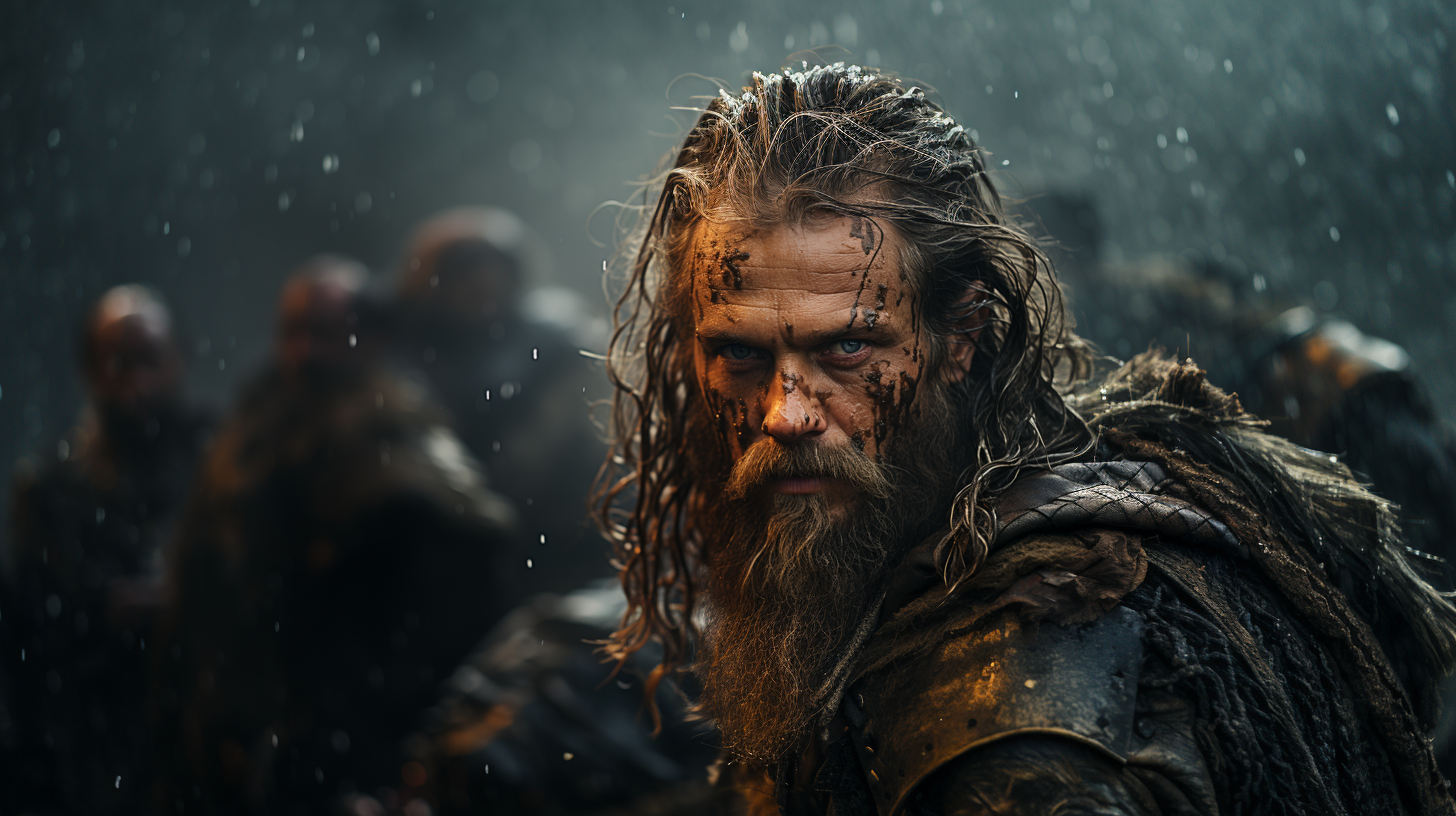 Midjourney prompt: Subject: A fierce viking warrior in the midst of b... - Midjourney
