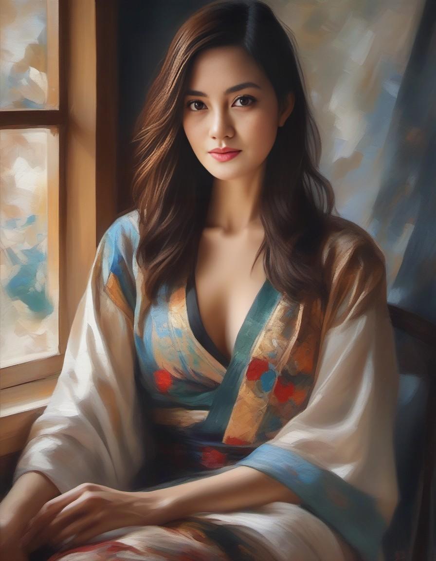 AI generated: Midjourney prompt: a painting of a woman sitting near a window, in th... (Midjourney - Portraits)