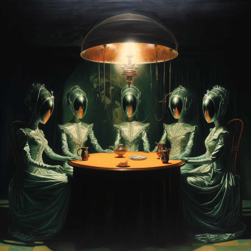 صورة مولدة بالذكاء الاصطناعي: Midjourney prompt: The painting depicts seven alien women dressed in ... (نموذج Midjourney - فن مفاهيمي)