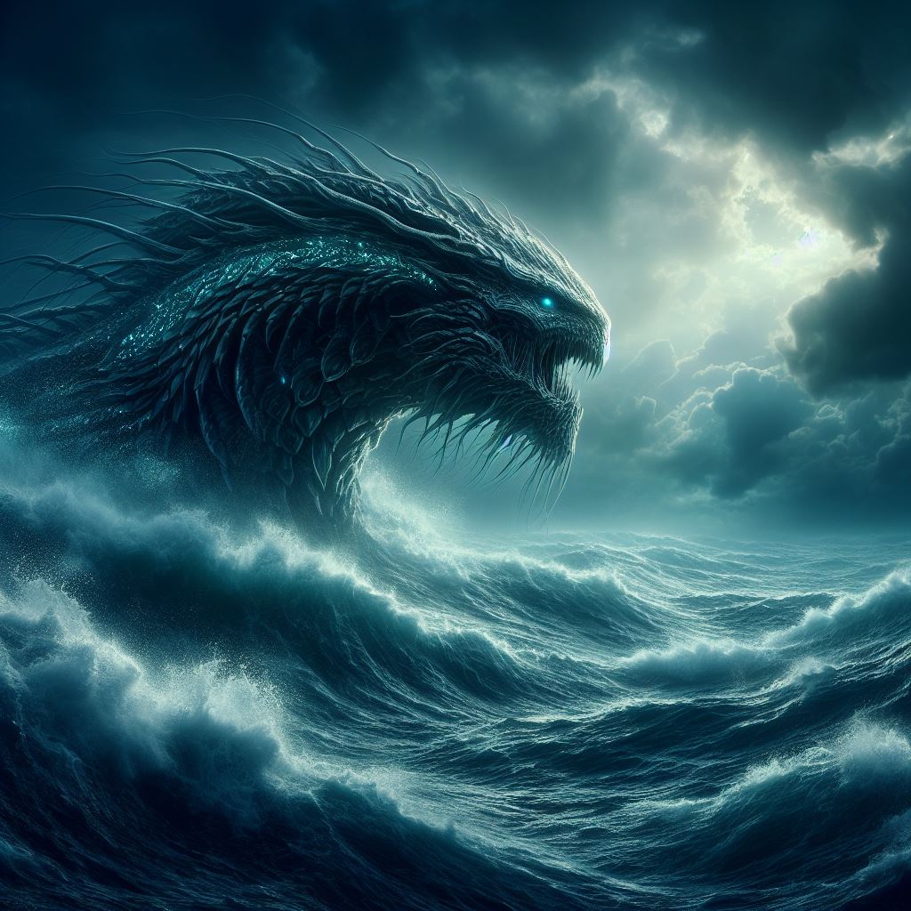 DALL·E prompt: On the edge of a vast, storm-tossed sea, Leviathan... - DALL·E