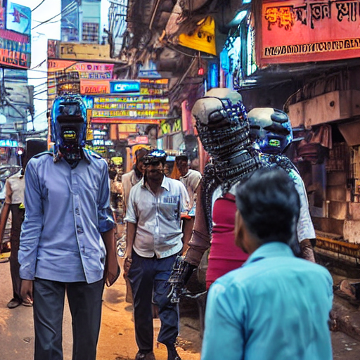 Stable Diffusion prompt: robot cyberpunk police on indian...