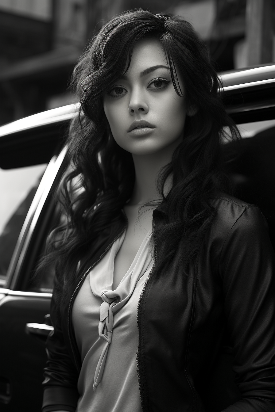 Midjourney prompt: a young lady is posing in front of a vehicle, in t... - Midjourney