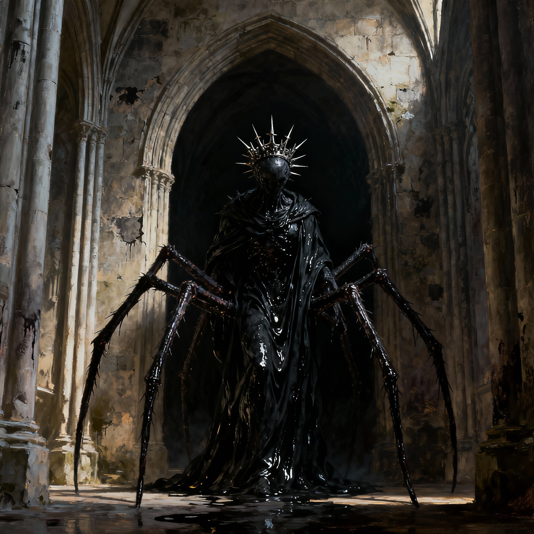 Llama 2 prompt: A grotesque humanoid spider creature, (da...