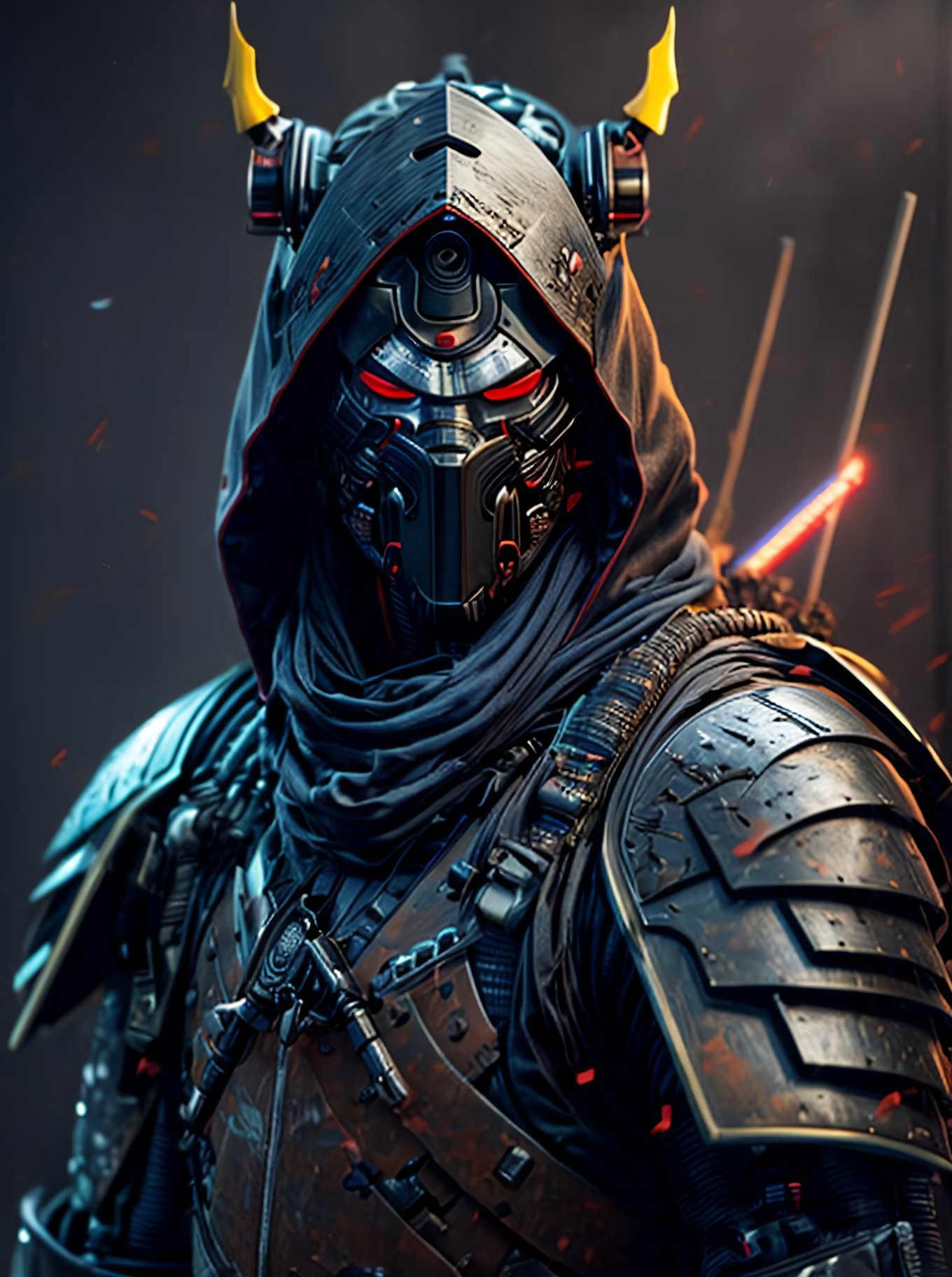 صورة مولدة بالذكاء الاصطناعي: Stable Diffusion prompt: a portrait of robot ninja samurai, cyberpunk (نموذج Stable Diffusion - صور شخصية)