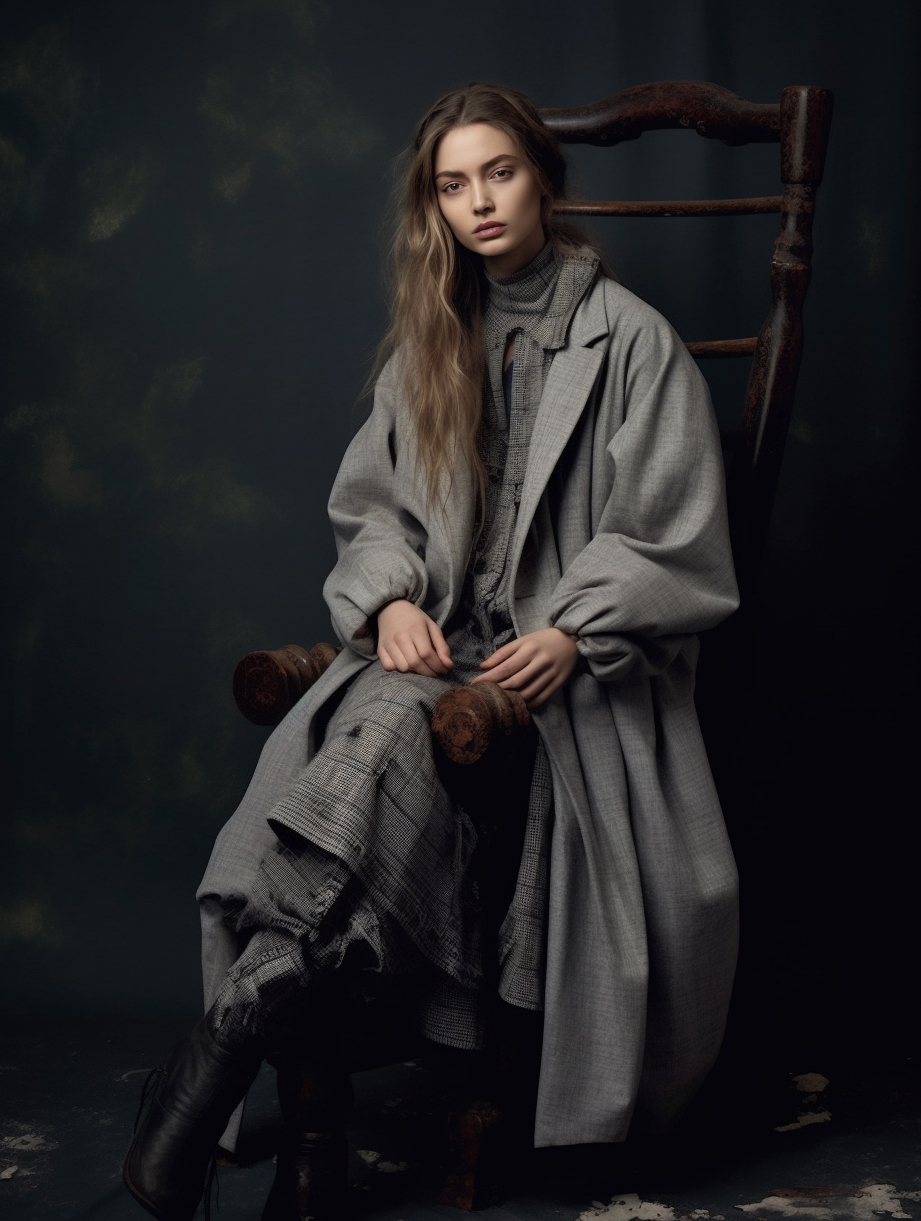 AI generated: Midjourney prompt: a woman sitting on a stool wearing a coat, i-d mag... (Midjourney - Fashion)