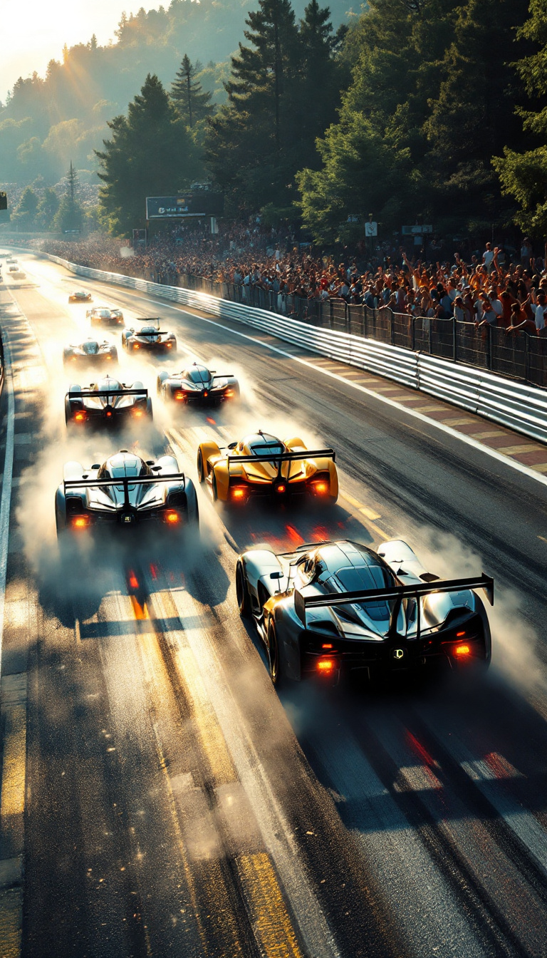 FLUX prompt: Summer. 5 racing cars begin to move along th...