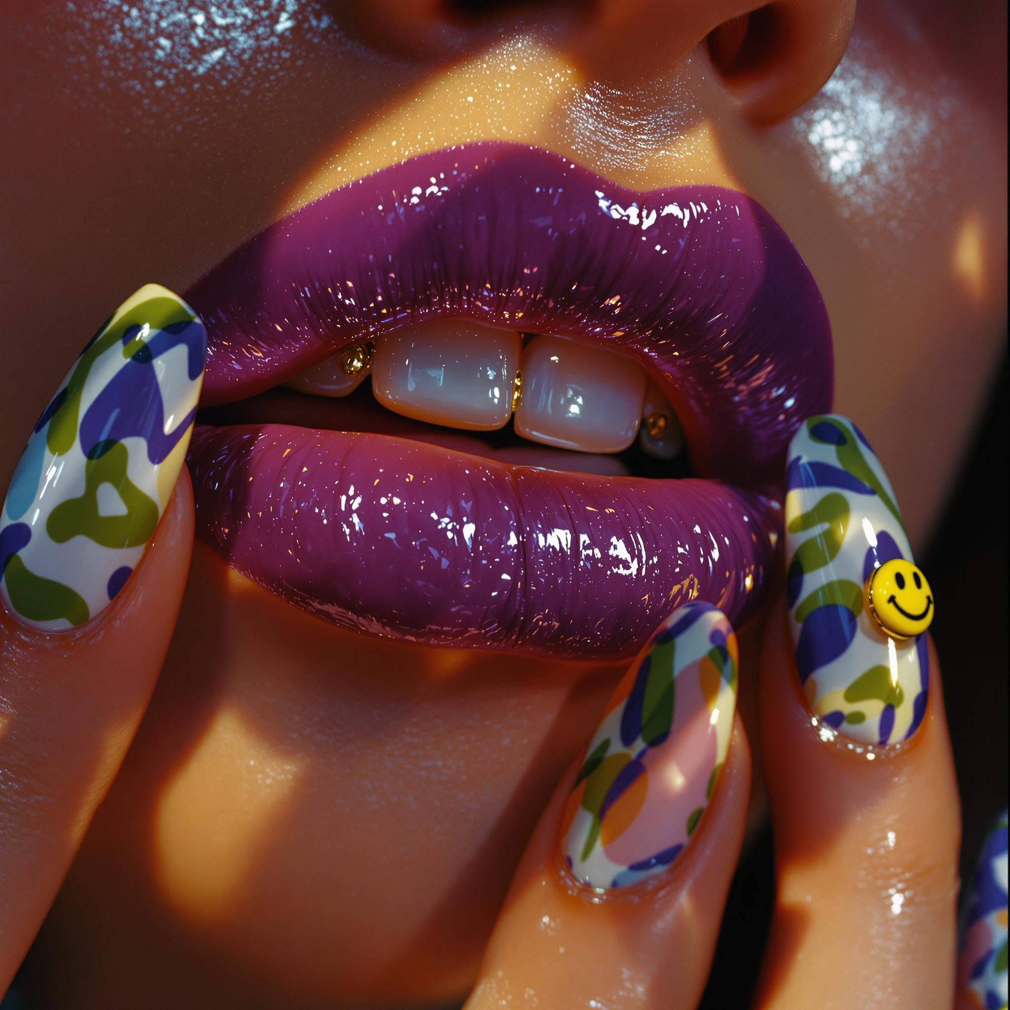 AI generated: FLUX prompt: close-up photograph of glossy purple, full lips sl... (FLUX - Fashion)