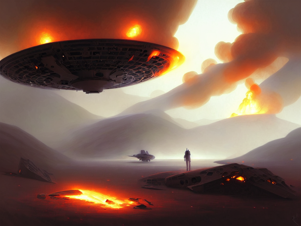 Stable Diffusion prompt: UFO crash site, fires, smoke, du...