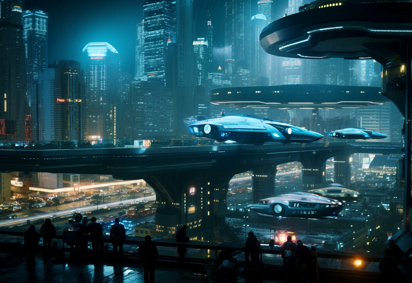 صورة مولدة بالذكاء الاصطناعي: Midjourney prompt: A still from the movie Blade Runner shows flying c... (نموذج Midjourney - فن مفاهيمي)