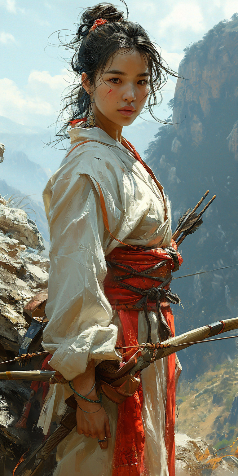 AI generated: Midjourney prompt: an asian woman stands on a mountain with a bow, in... (Midjourney - Portraits)