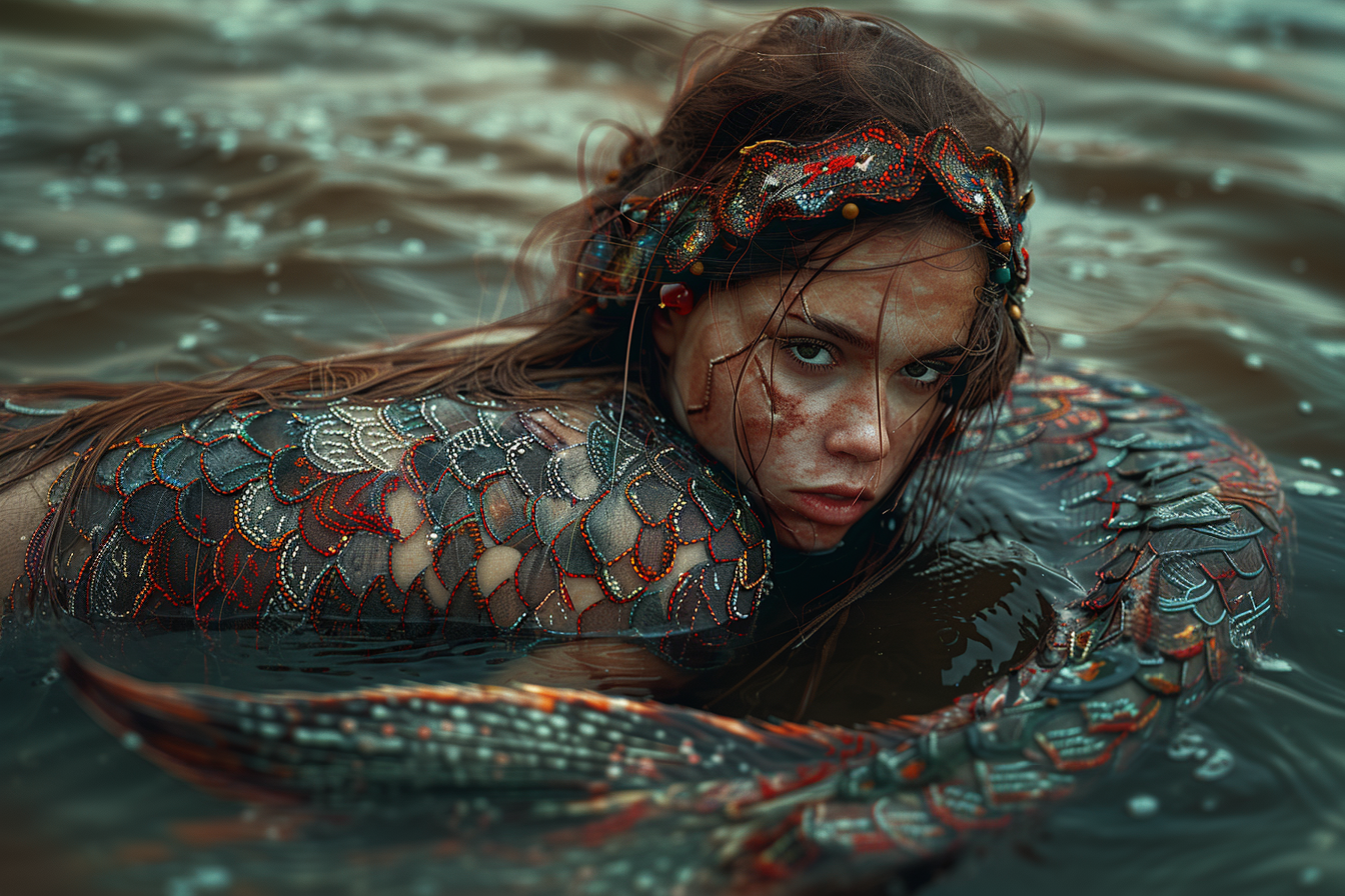 AI generated: Midjourney prompt: the entire huge long tail of the mermaid is embroi... (Midjourney - Photography)