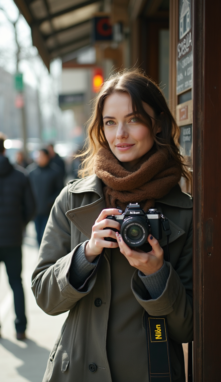 FLUX prompt: A green-eyed woman is holding a Nikon film camera,... - FLUX