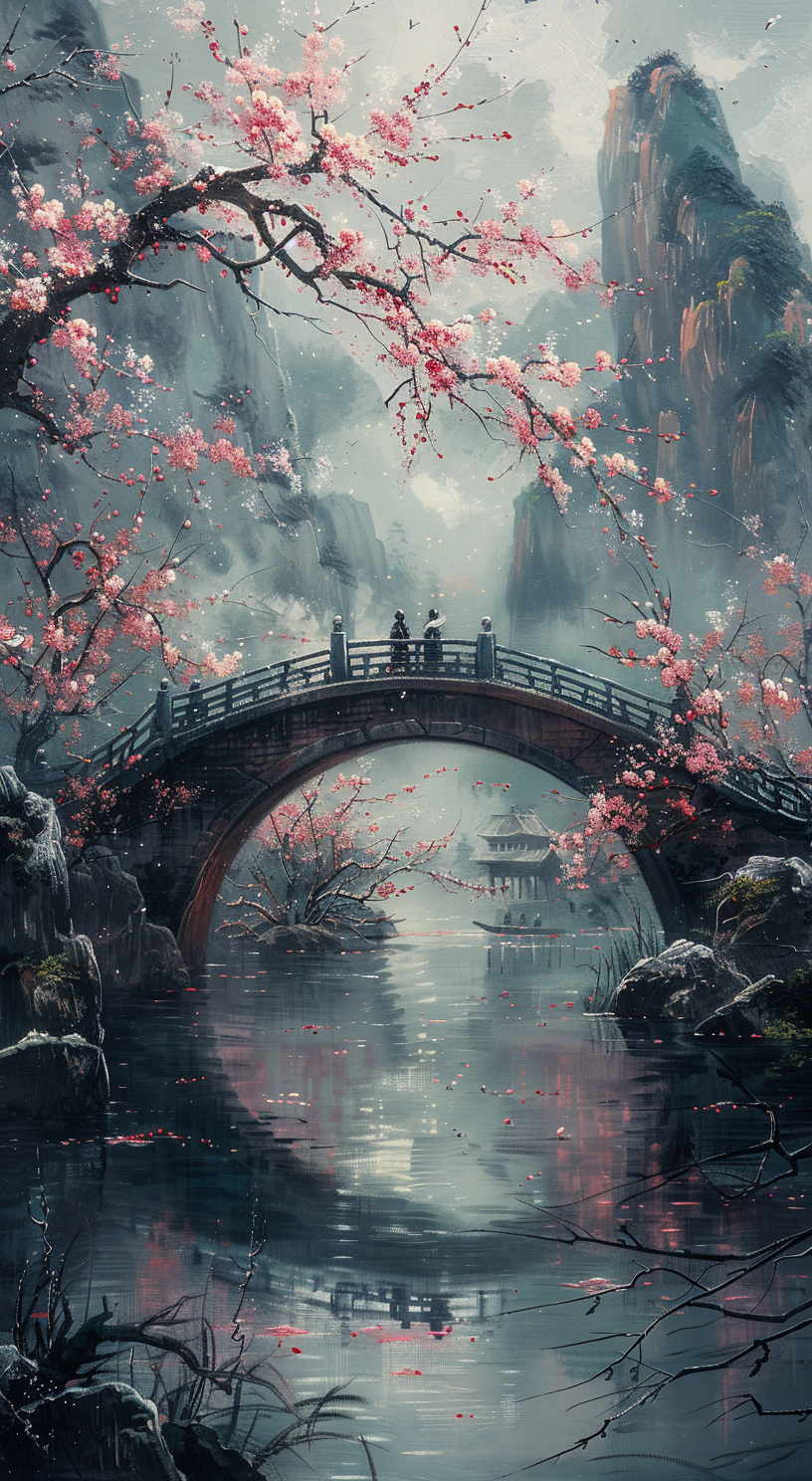 AI generated: Midjourney prompt: two people walk the bridge under a large cherry bl... (Midjourney - Concept Art)