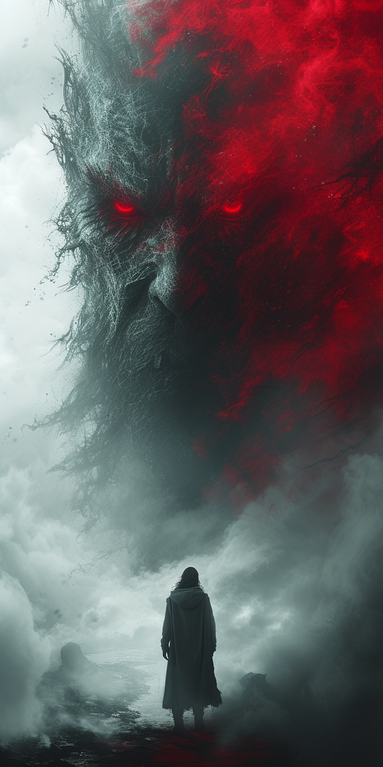 Midjourney prompt: illustration of an evil demon with red eyes, in th... - Midjourney