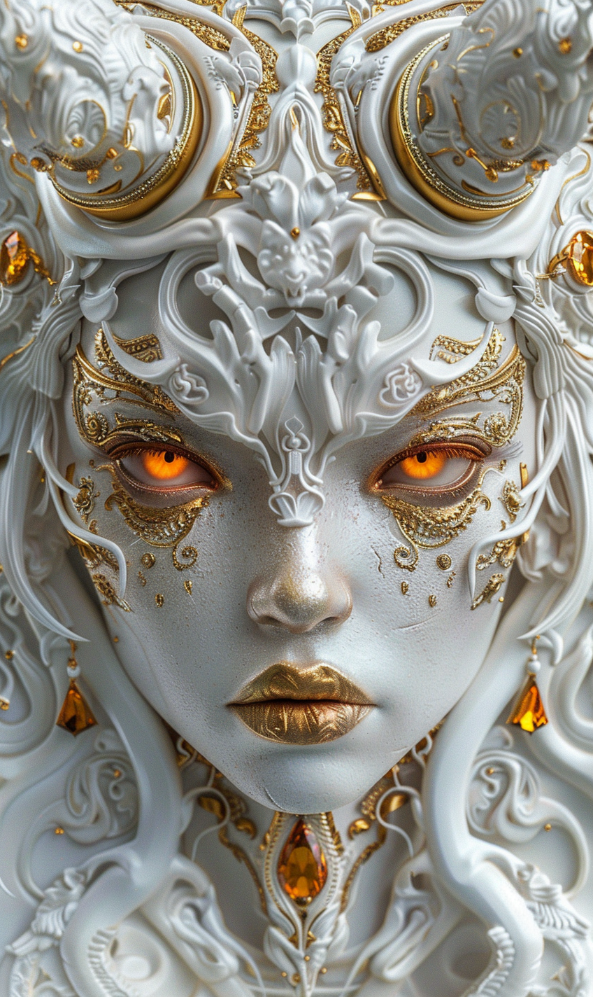 Midjourney prompt: the face of a woman dressed in demon attire, in th... - Midjourney