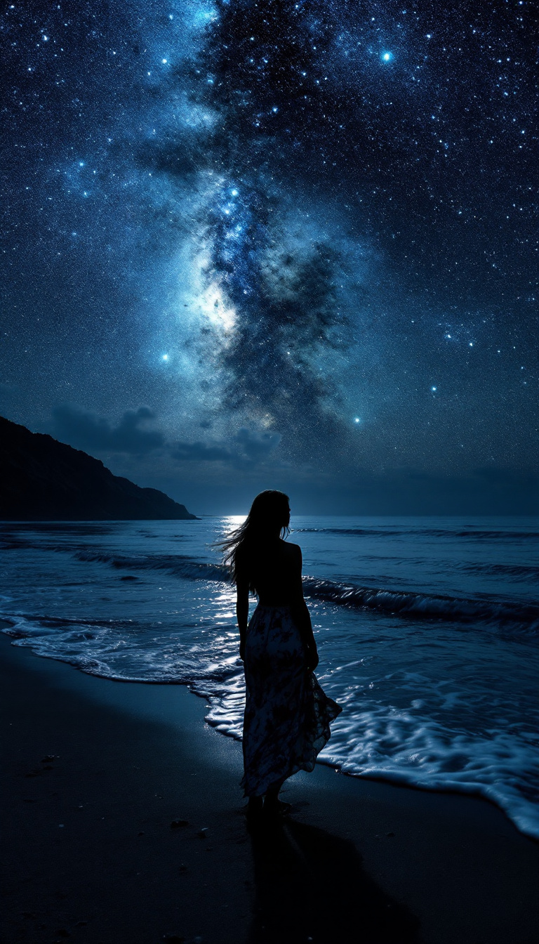 FLUX prompt: The starry sky shines on the beach, with dark gray... - FLUX