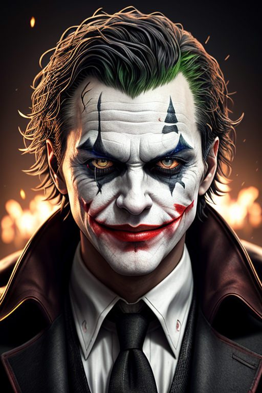 Deliberate prompt: Joker risen from the ashes, sparks, evil smile, co... - Deliberate