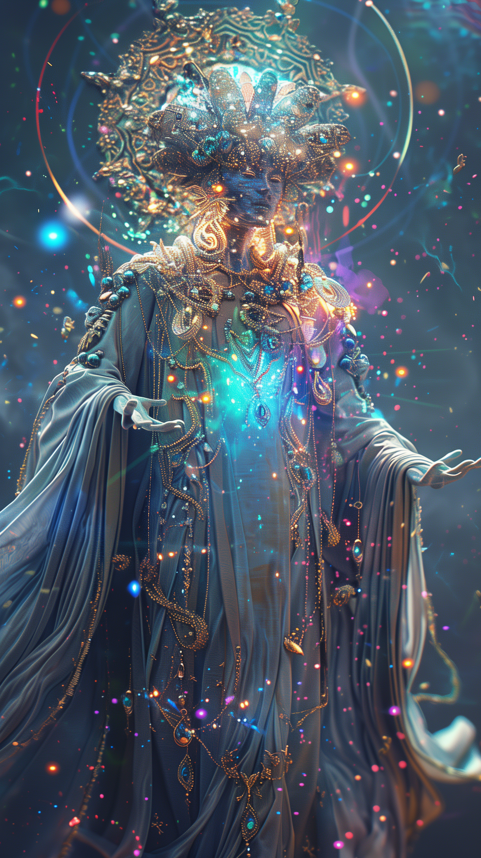 صورة مولدة بالذكاء الاصطناعي: Midjourney prompt: A cosmic god of dreams, adorned in celestial attir... (نموذج Midjourney - صور شخصية)