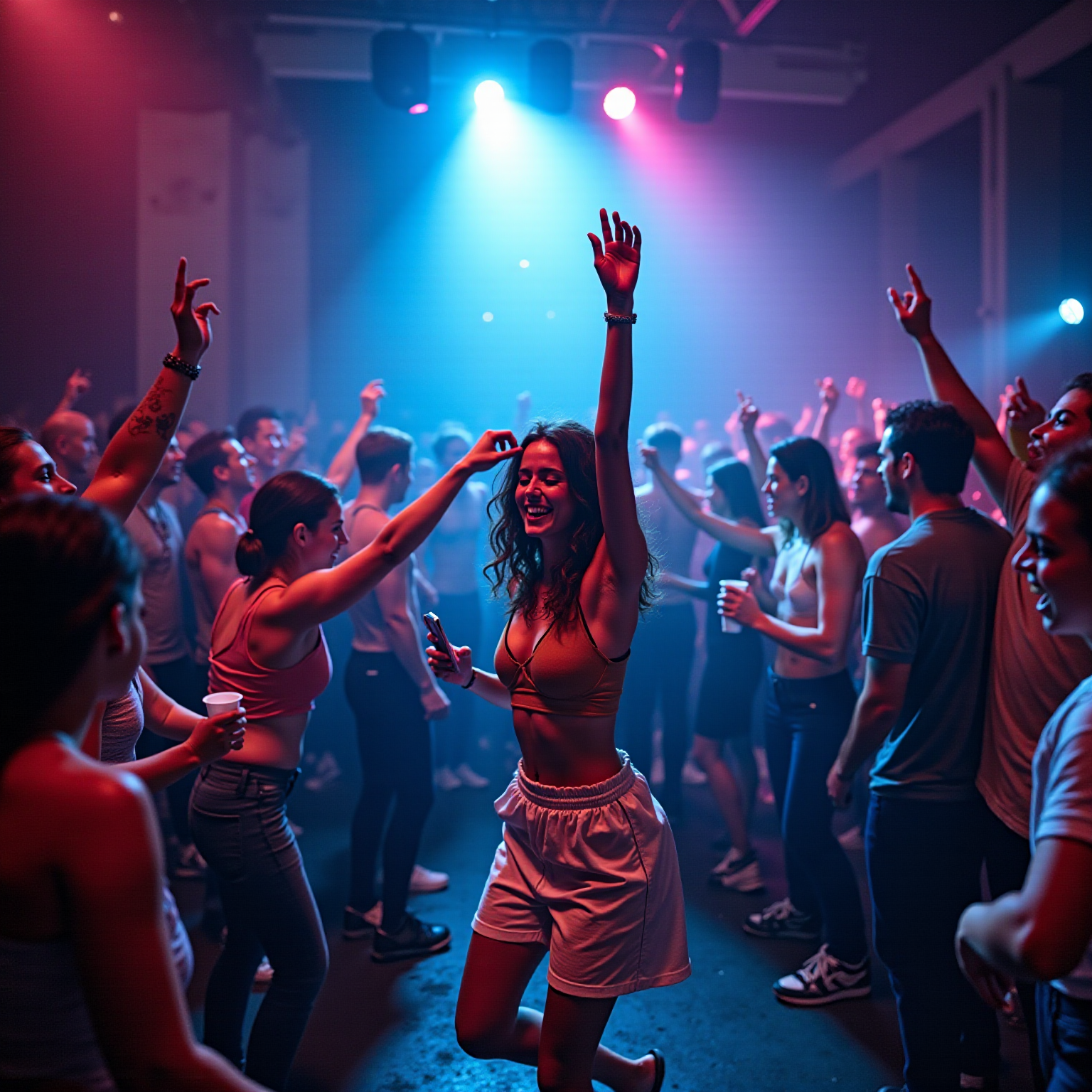 AI generated: FLUX prompt: wide angle photo of a cute techno rave girl dancin... (FLUX - Photography)