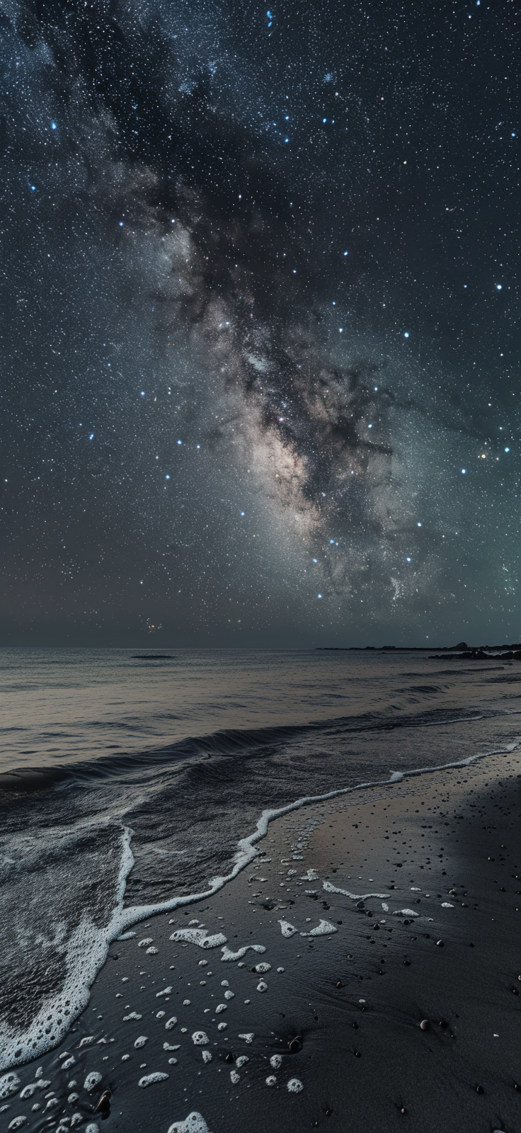 AI generated: Midjourney prompt: The starry sky shines on the beach, with dark gray... (Midjourney - Landscapes)