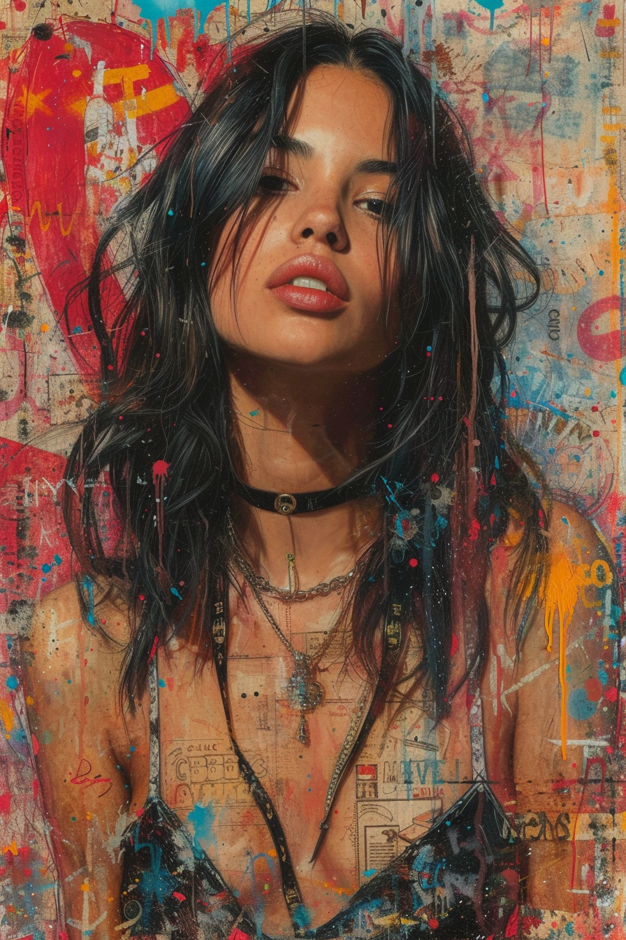 AI generated: Midjourney prompt: a painting of a woman with graffiti on it, in the ... (Midjourney - Portraits)