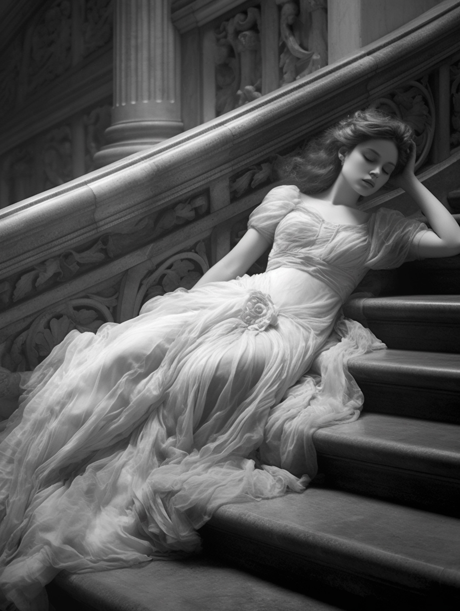 AI generated: Midjourney prompt: a black and white photo of a woman laying on some ... (Midjourney - Fashion)