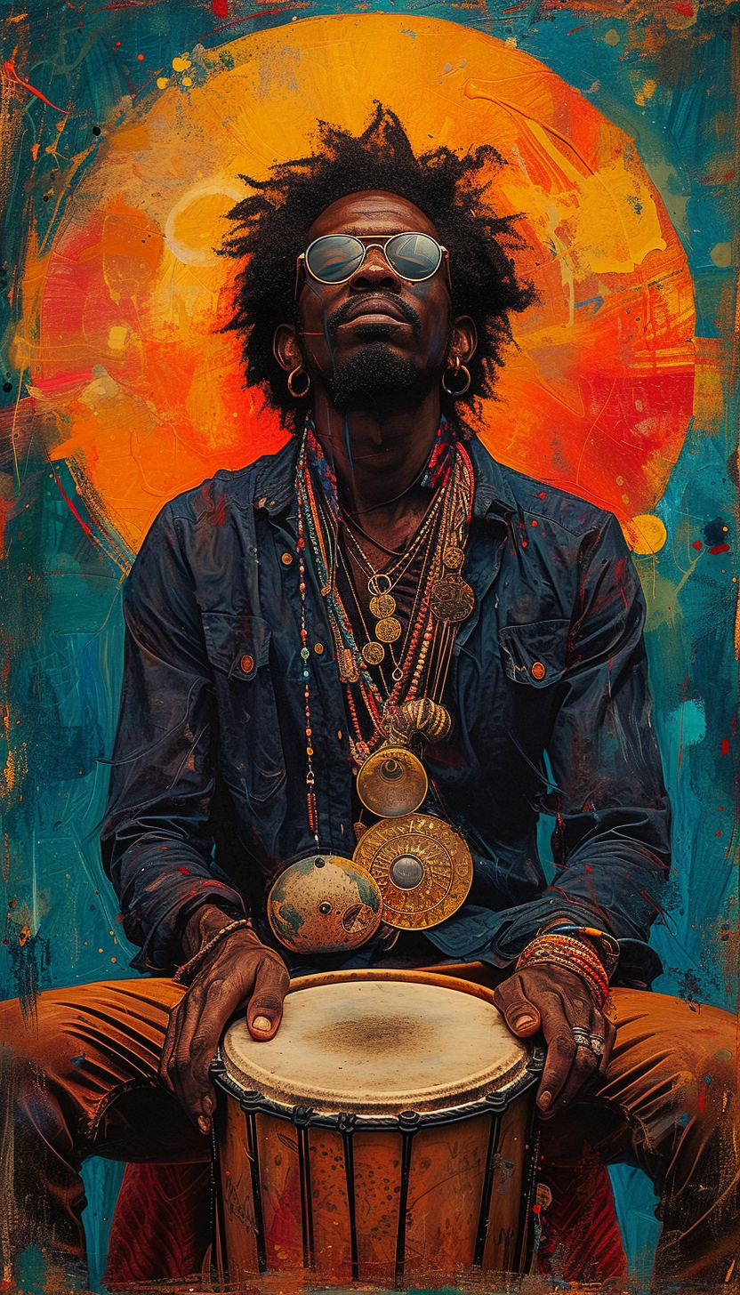 AI generated: Midjourney prompt: a poster depicting a player with a drum, in the st... (Midjourney - Portraits)