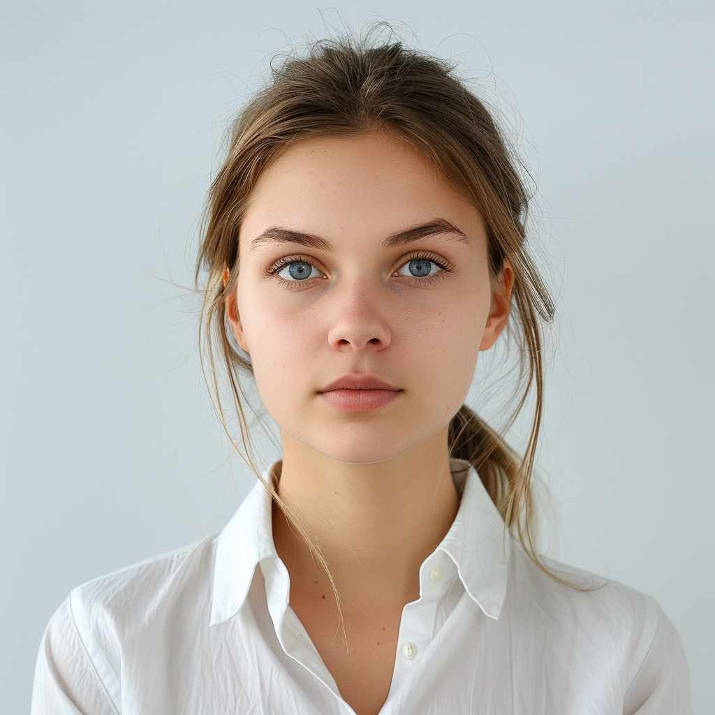 AI generated: Midjourney prompt: formal id photo of a beautiful woman, 18-21 years ... (Midjourney - Photography)