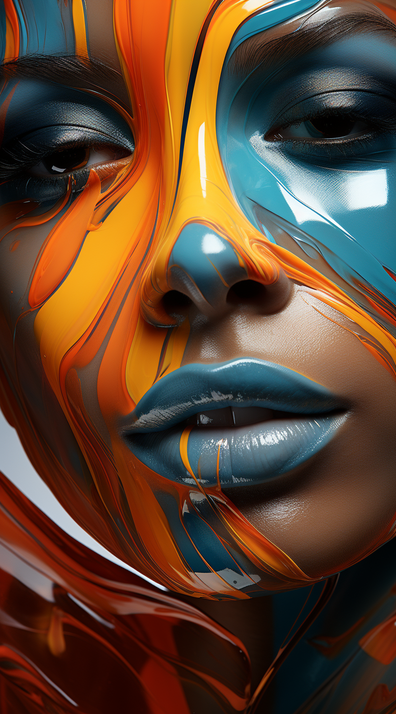 AI generated: Midjourney prompt: blue and orange paint on the face of a woman, in t... (Midjourney - Portraits)