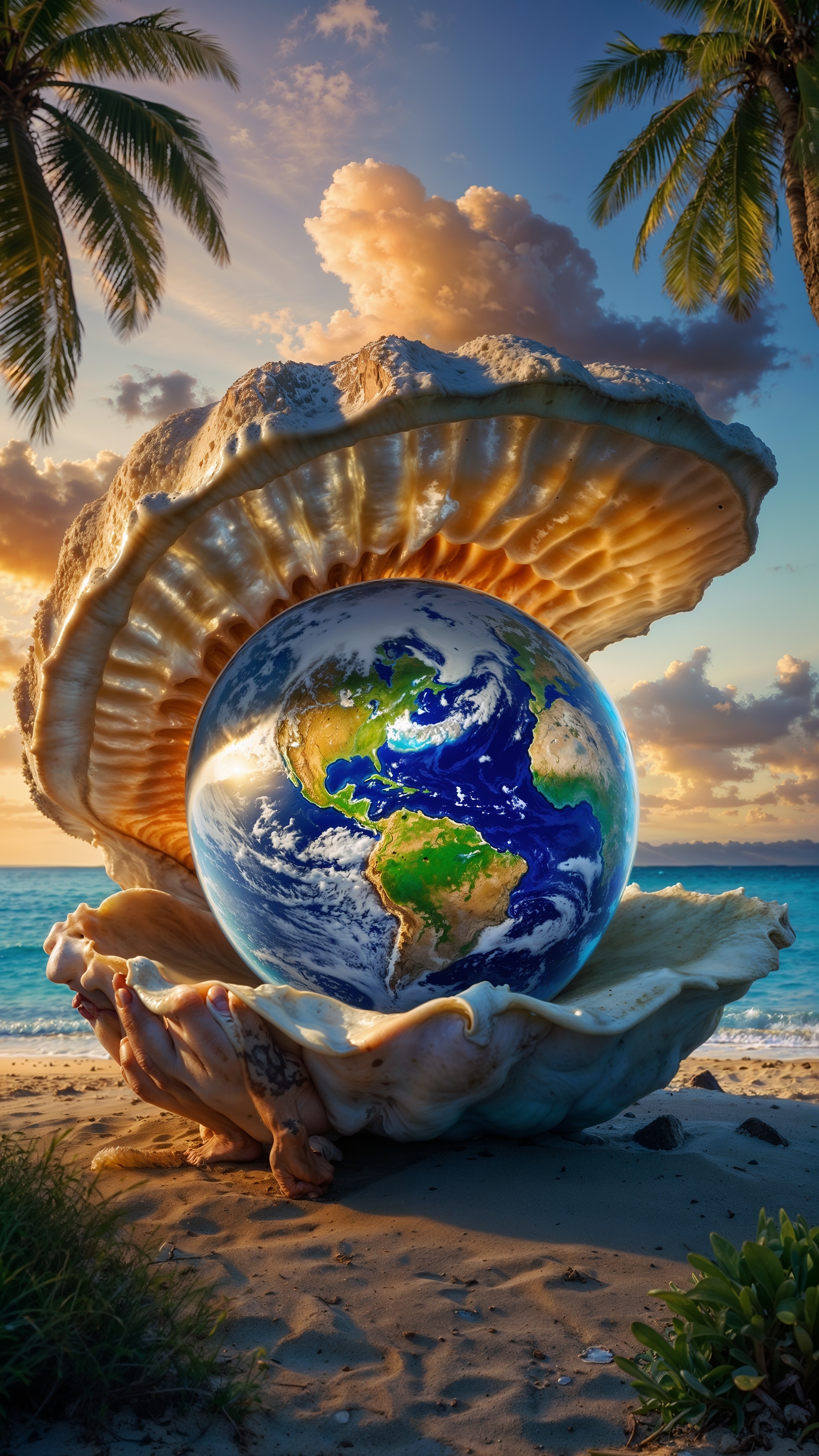 صورة مولدة بالذكاء الاصطناعي: Pearl Earth inside a Giant Clam (نموذج SD XL - مناظر طبيعية)