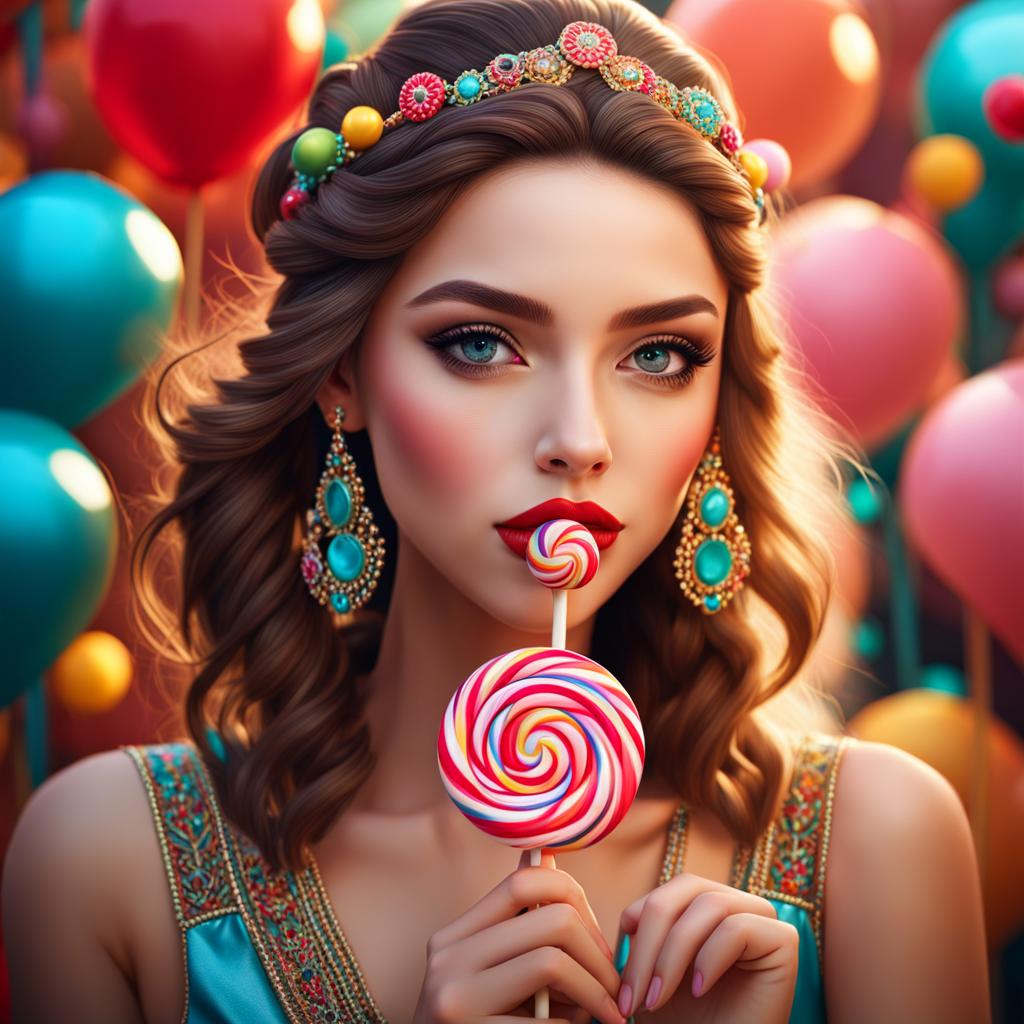 صورة مولدة بالذكاء الاصطناعي: A woman holding 2 lollipops (نموذج Stable Diffusion - تصوير فوتوغرافي)