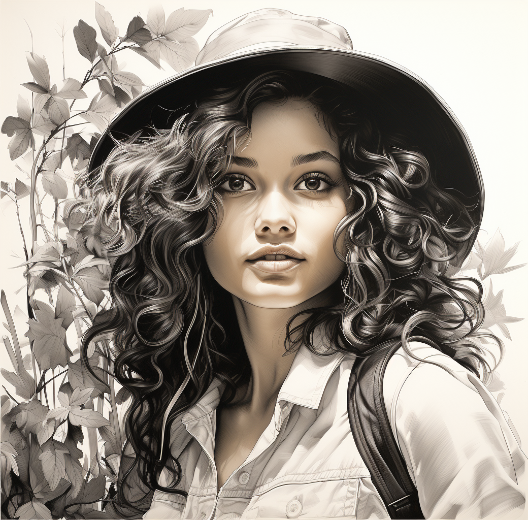 Midjourney prompt: a black and white drawing of a girl drawing, in th... - Midjourney