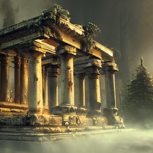 Stable Diffusion prompt: temple in ruines, forest, stairs...