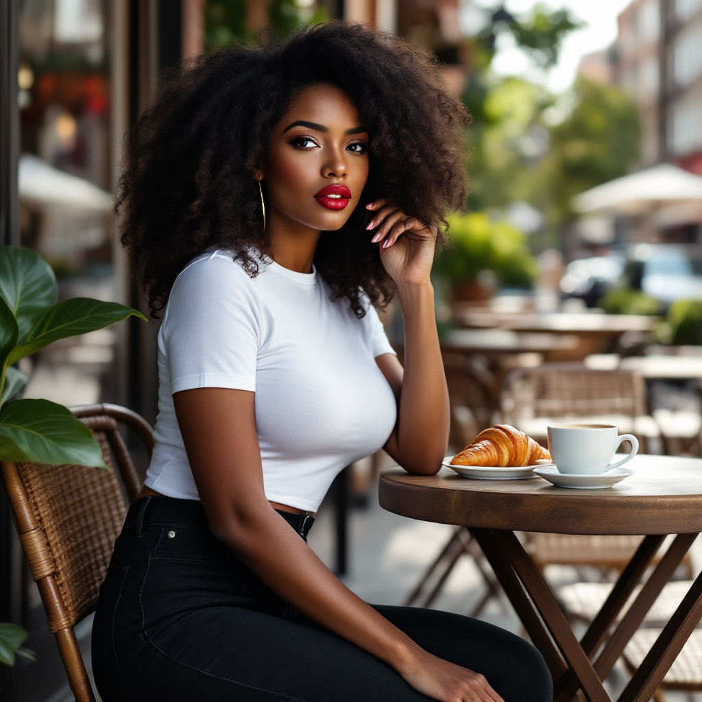 FLUX prompt: Chic Café Morning – A stunning African American mo... - FLUX