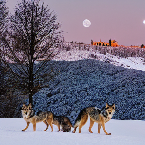 Stable Diffusion prompt: wolves standing before an abbey ...