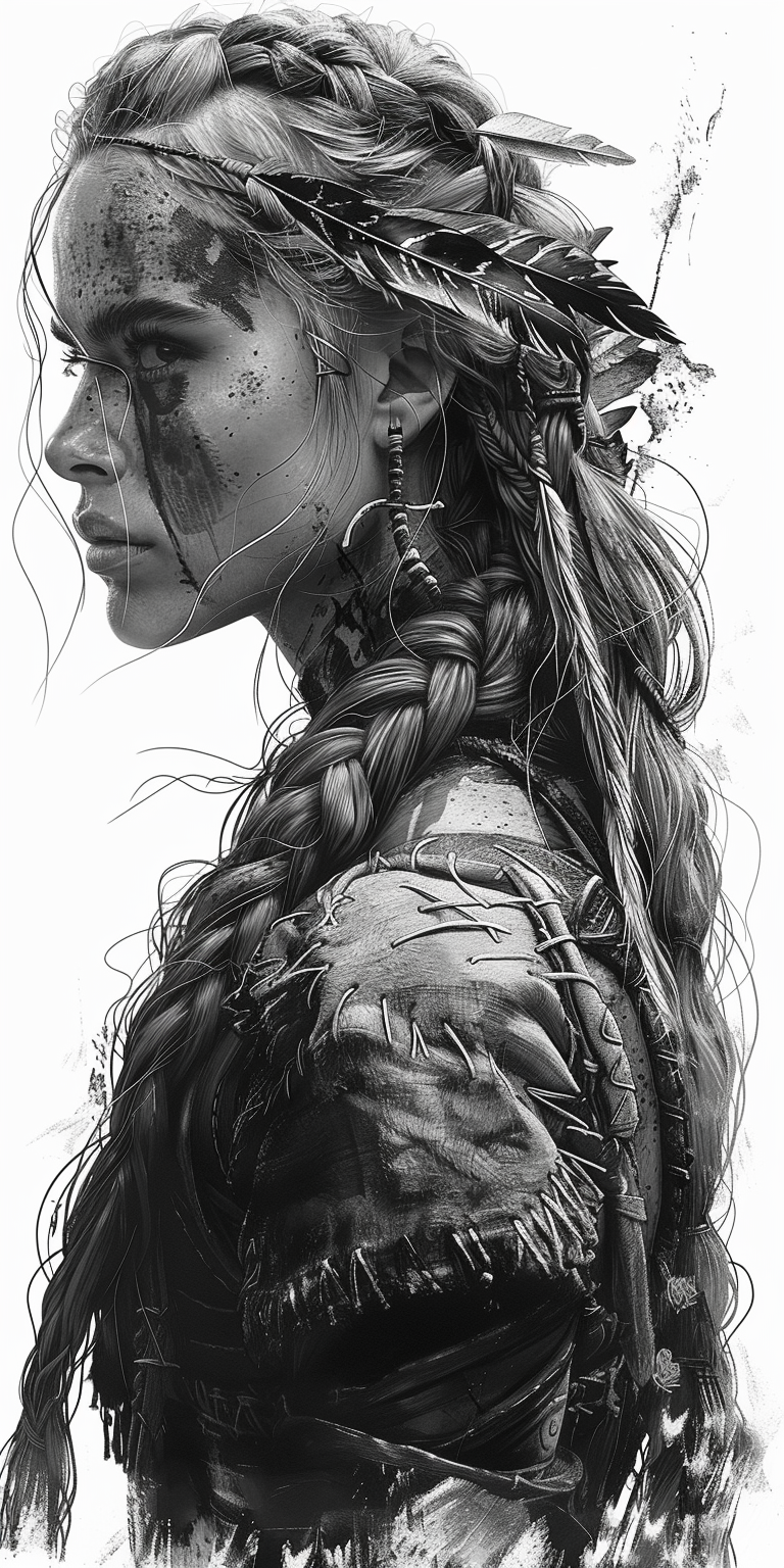 Midjourney prompt: black and white drawing of a Viking warrior woman ... - Midjourney
