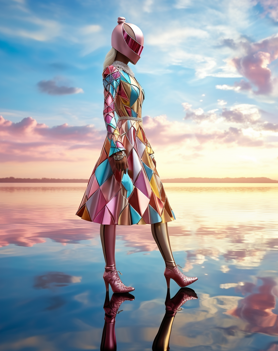 صورة مولدة بالذكاء الاصطناعي: Midjourney prompt: a woman in a shiny outfit stands by the water, in ... (نموذج Midjourney - فن مفاهيمي)