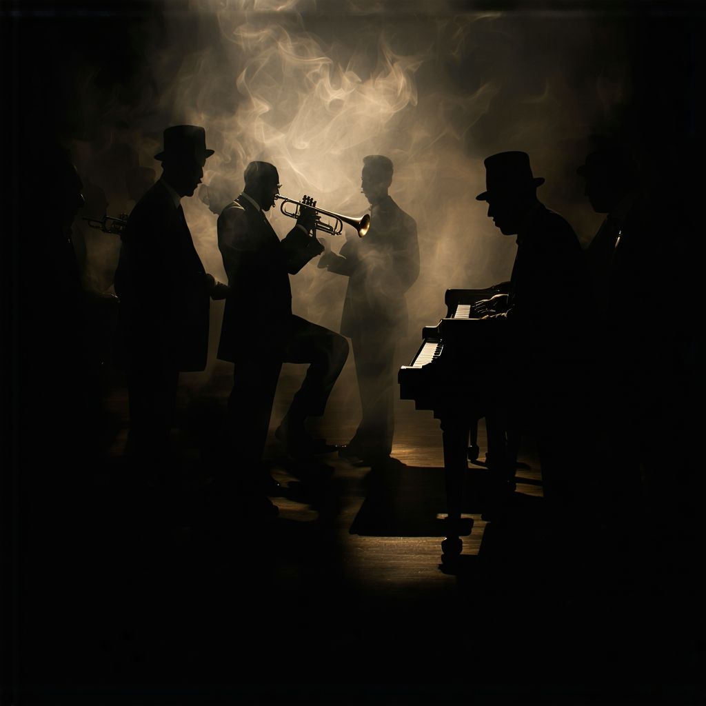 Stable Diffusion prompt: In the dim ambiance of a jazz cl...