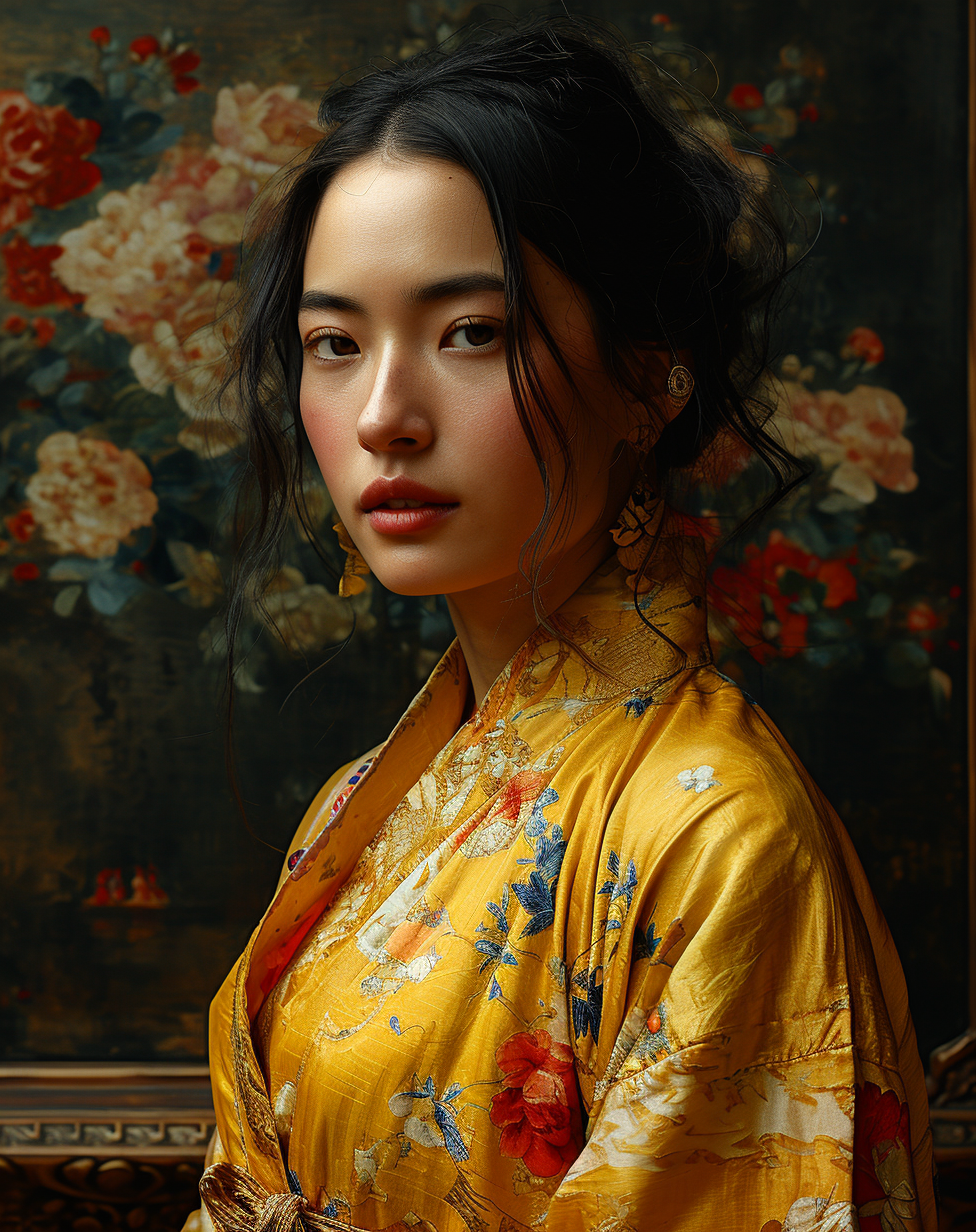 Midjourney prompt: an oriental woman in a golden blouse, in the style... - Midjourney