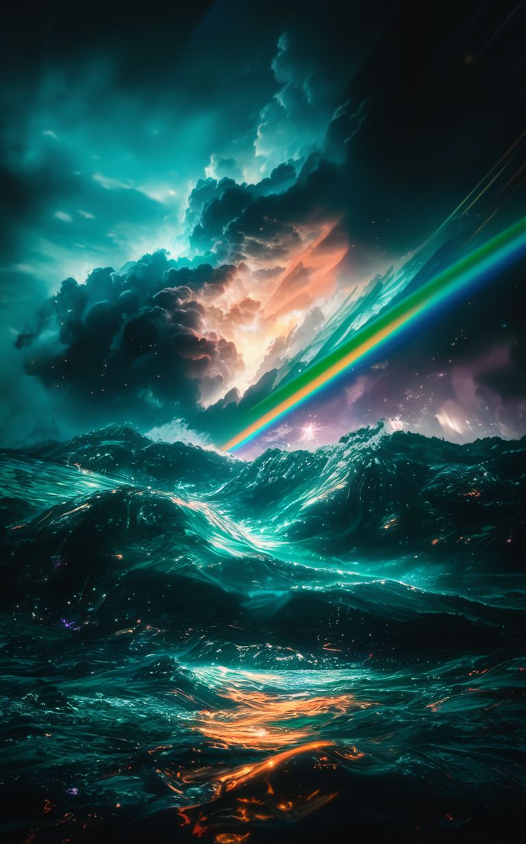 صورة مولدة بالذكاء الاصطناعي: Stable Diffusion prompt: stormy sea , rainbow particles , rays of starlight... (نموذج Stable Diffusion - مناظر طبيعية)