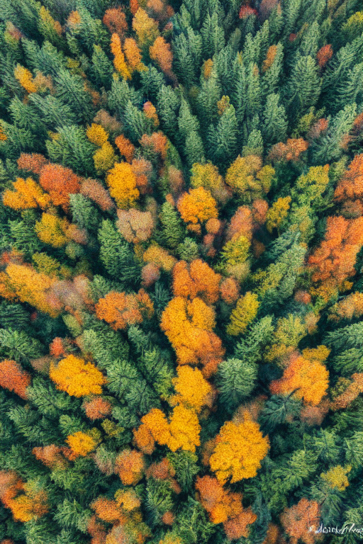 AI generated: Stable Diffusion prompt: bird view of a foggy forest | autumn colours | pin... (Stable Diffusion - Landscapes)
