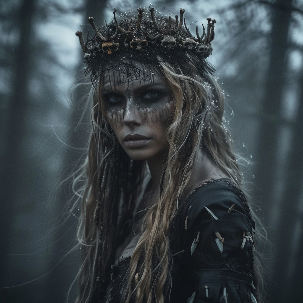 AI generated: Midjourney prompt: a shaman woman wearing black and standing in a dar... (Midjourney - Photography)